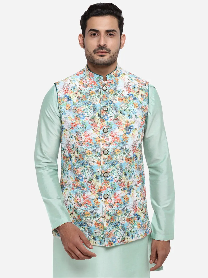 Pastel Green Kurta Set with Multicolour Bandhgala Jacket  | Azania