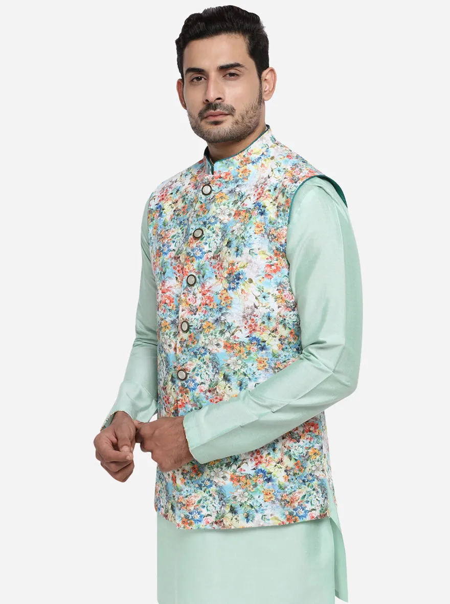 Pastel Green Kurta Set with Multicolour Bandhgala Jacket  | Azania