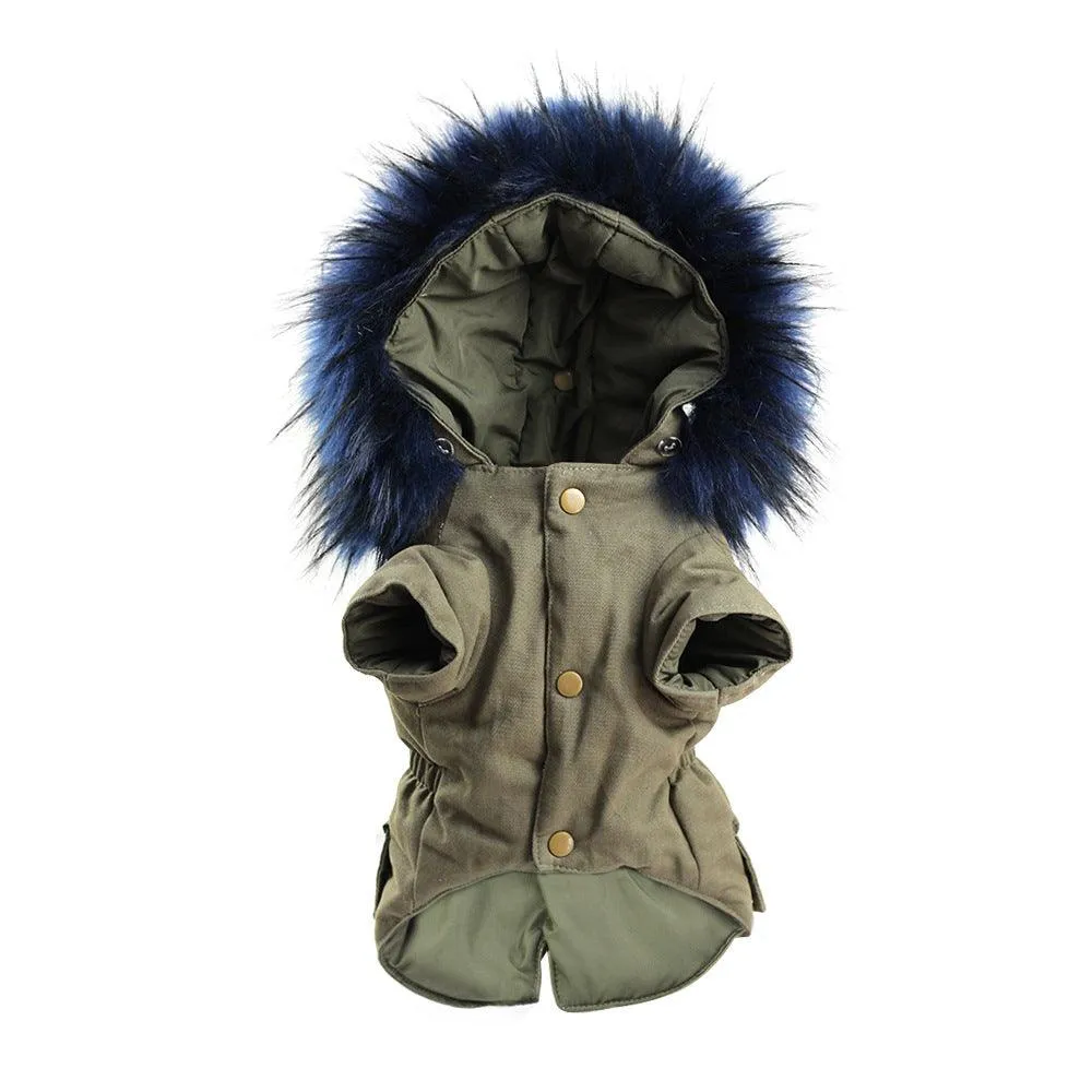 Pet Fur Collar Military Coat | Faux Fur Warm Dog Coat