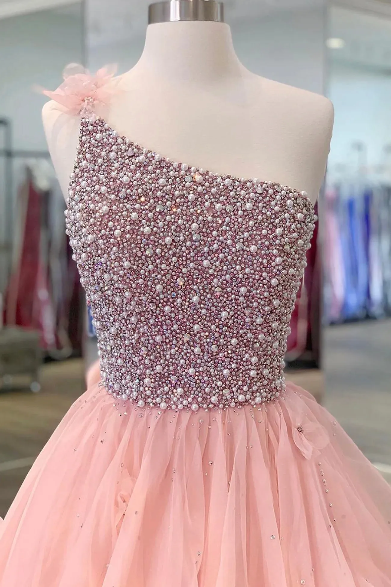 Pink One Shoulder Beaded Prom Dress, Pink Tulle Layers Evening Gown