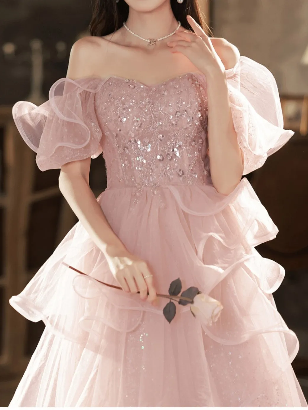 Pink Sequin Embellished Princess Prom Gown Elegant Evening Dress