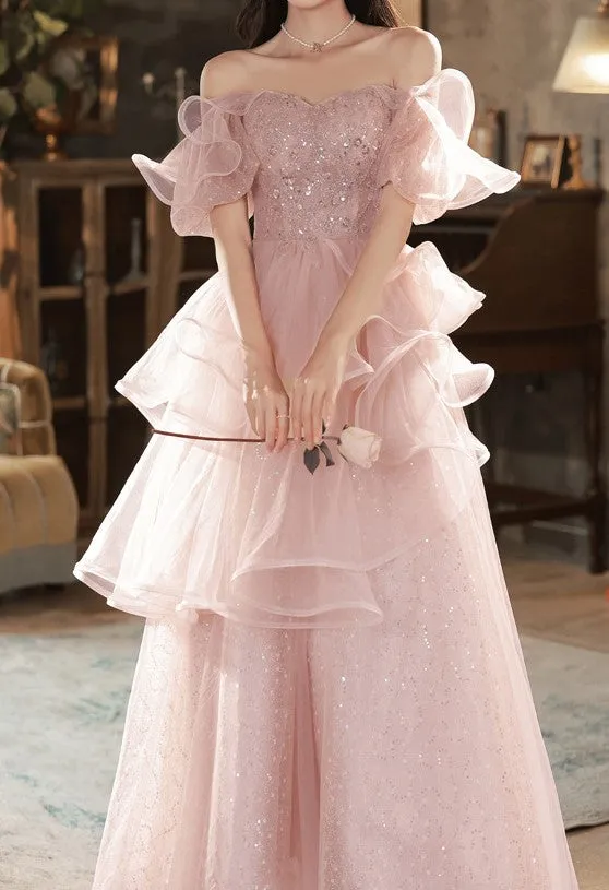 Pink Sequin Embellished Princess Prom Gown Elegant Evening Dress