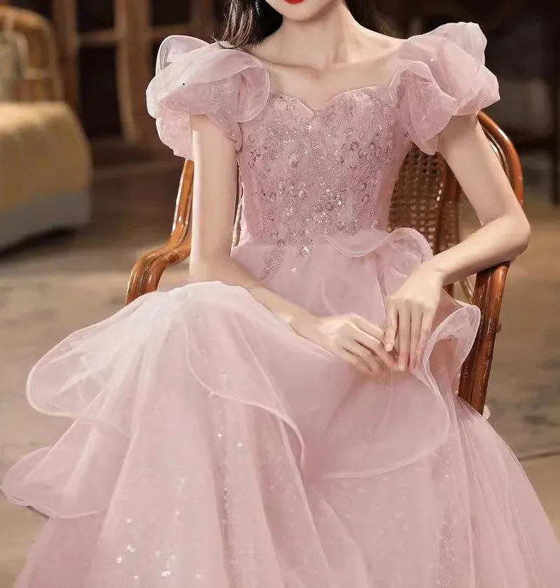 Pink Sequin Embellished Princess Prom Gown Elegant Evening Dress