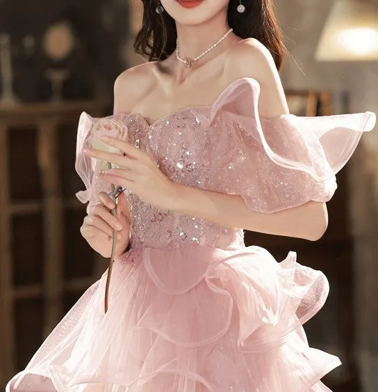 Pink Sequin Embellished Princess Prom Gown Elegant Evening Dress