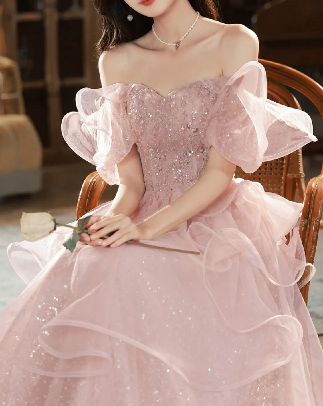 Pink Sequin Embellished Princess Prom Gown Elegant Evening Dress