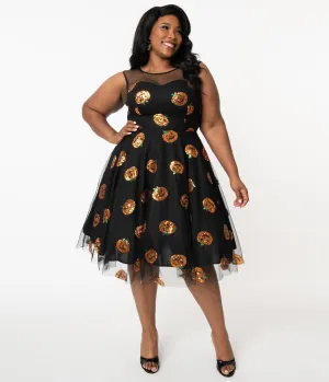 Plus Size Black Mesh & Orange Sequin Pumpkins Vanity Swing Dress