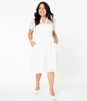 Plus Size Vintage Style White Lace & Flocked Naomi Swing Dress