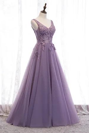 Purple V-Neck Lace Long Prom Dresses A-Line Evening Party Dresses