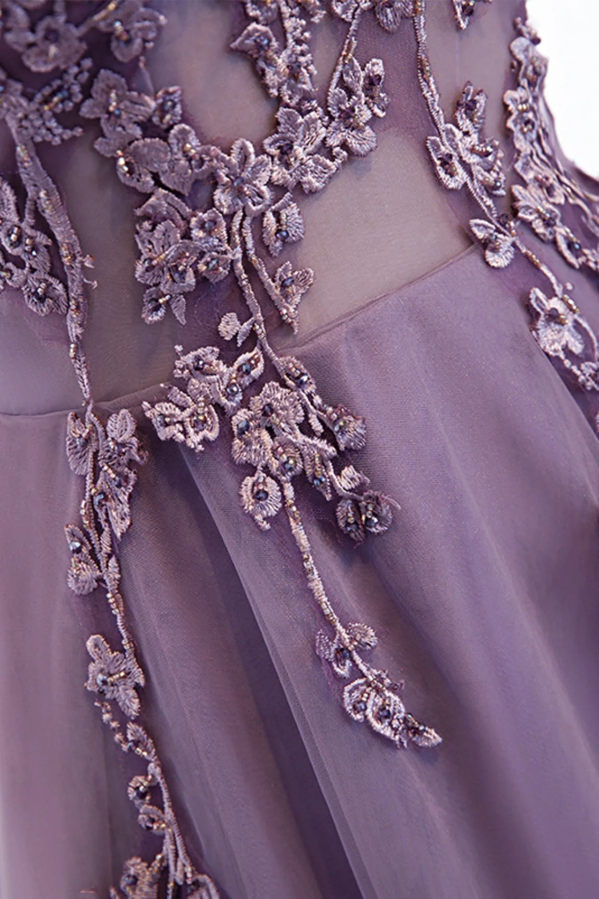 Purple V-Neck Lace Long Prom Dresses A-Line Evening Party Dresses