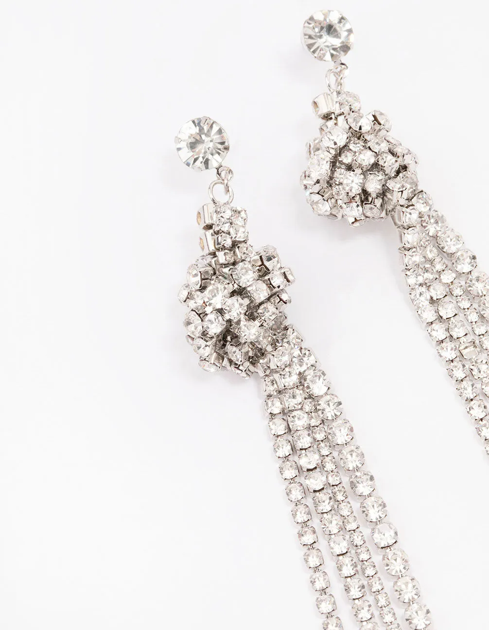 Rhodium Diamante Knotted Cup Chain Drop Earrings