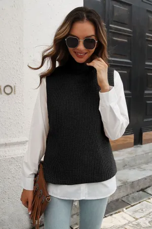 Ribbed Mock Neck Sleeveless Sweater Vest