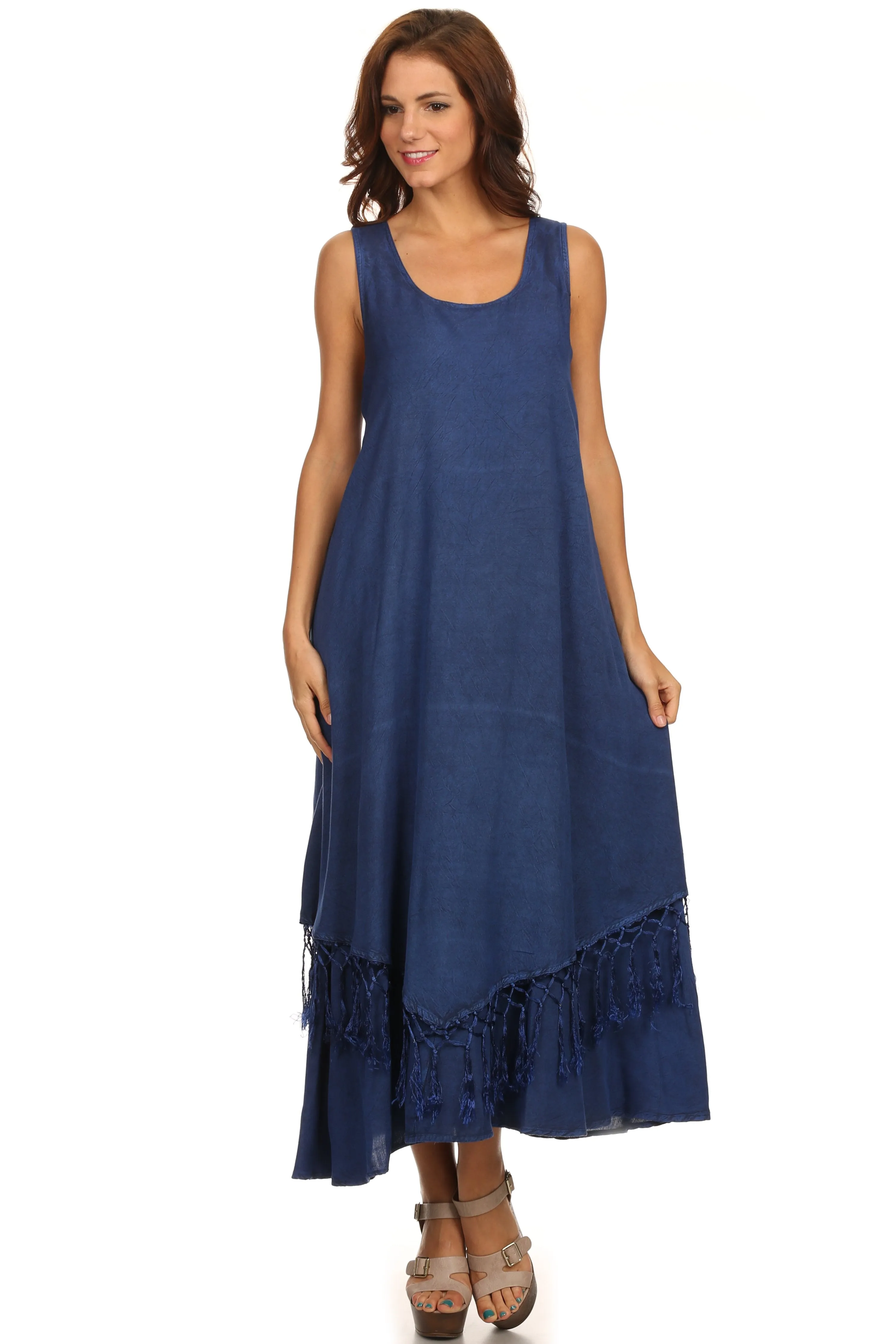 Sakkas Emma Relaxed Fit Scoop Neck Double Layered with Fringe Tank Dress