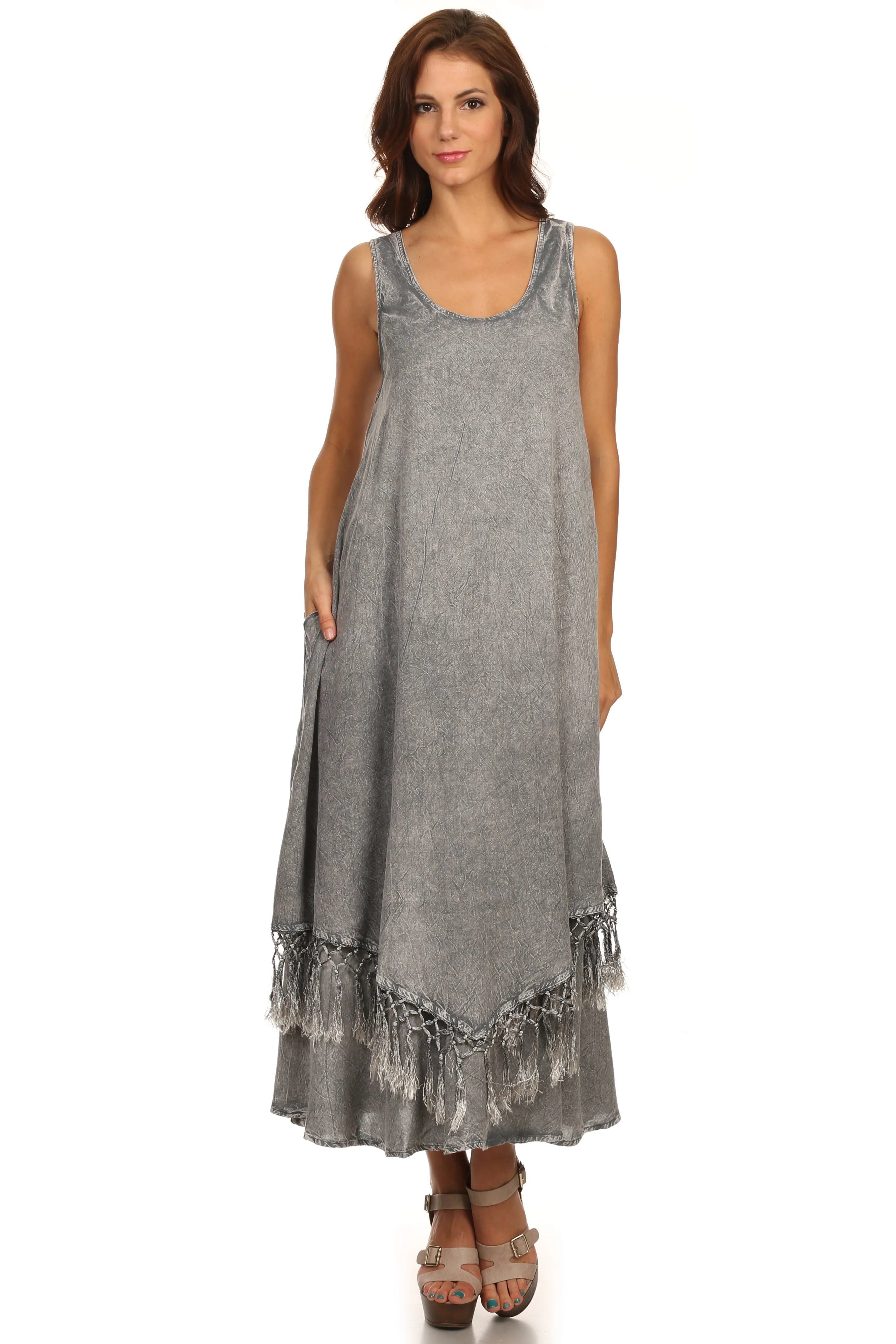 Sakkas Emma Relaxed Fit Scoop Neck Double Layered with Fringe Tank Dress