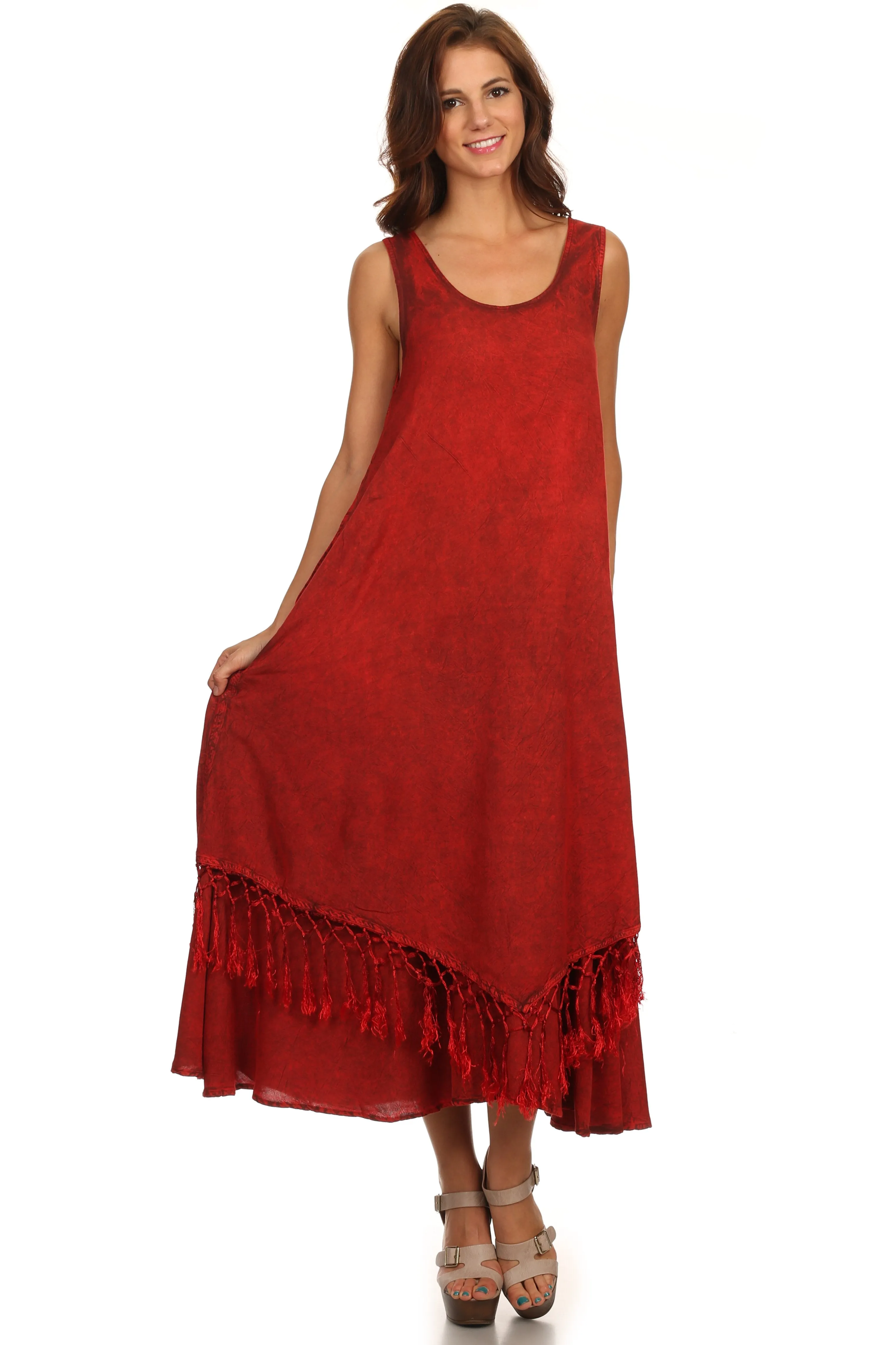 Sakkas Emma Relaxed Fit Scoop Neck Double Layered with Fringe Tank Dress