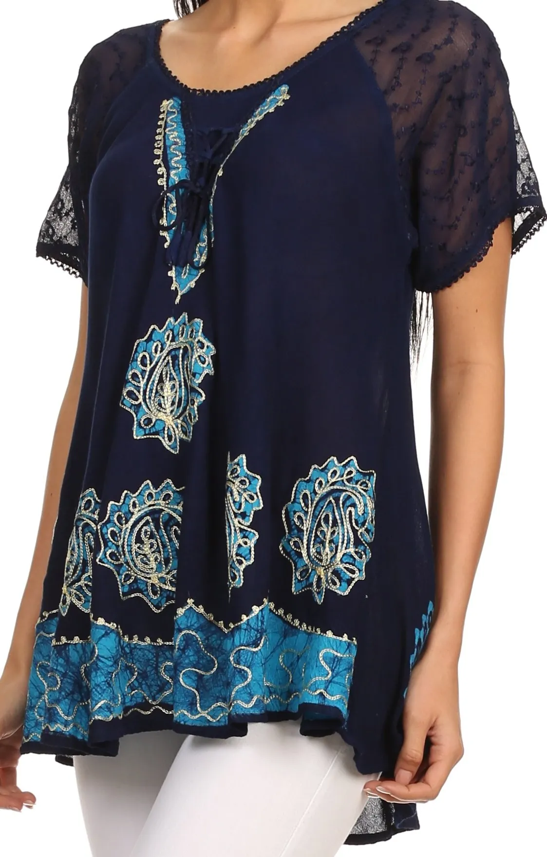 Sakkas Gina Relaxed Fit Embroidered Sheer Cap Sleeves Blouse