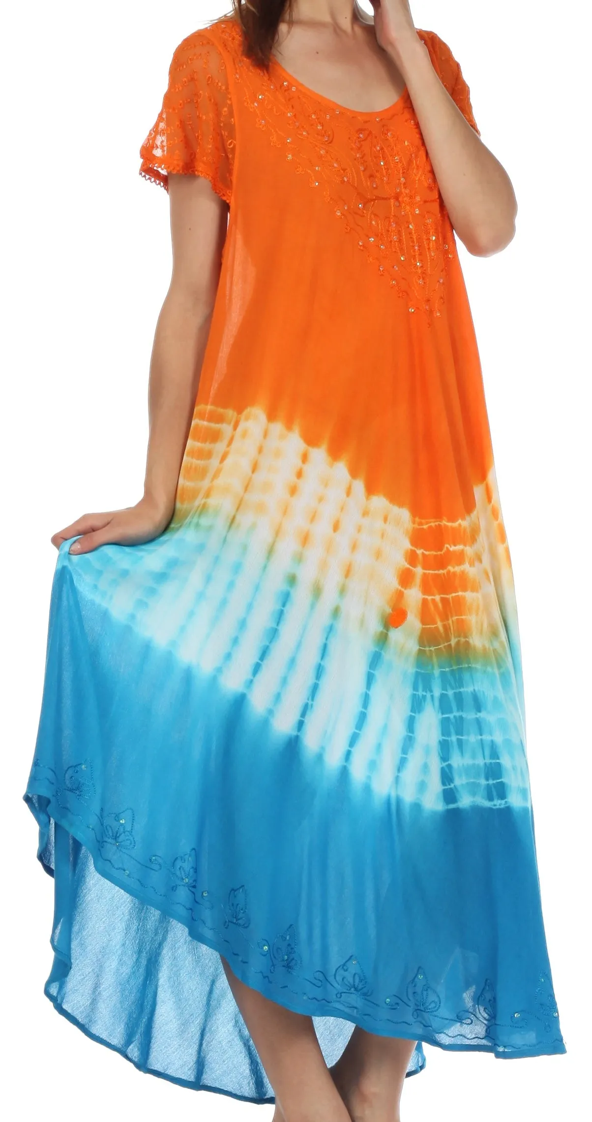 Sakkas Multi Color Tie Dye Cap Sleeve Caftan Dress / Cover Up