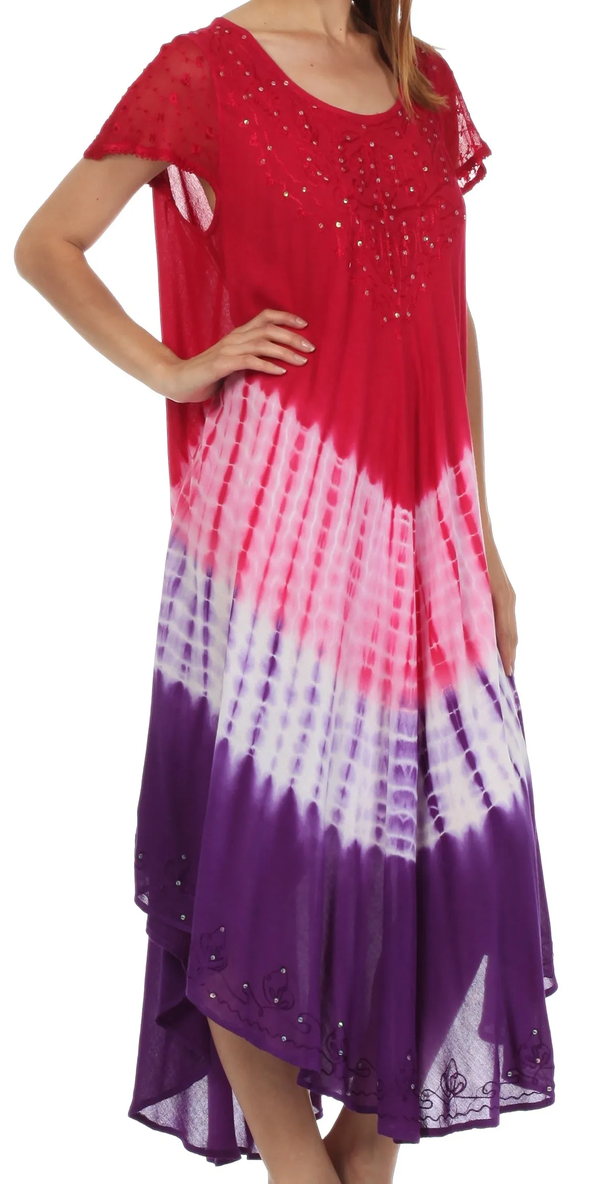 Sakkas Multi Color Tie Dye Cap Sleeve Caftan Dress / Cover Up