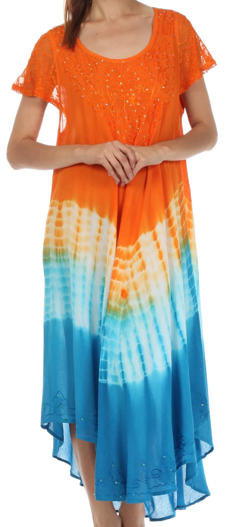 Sakkas Multi Color Tie Dye Cap Sleeve Caftan Dress / Cover Up