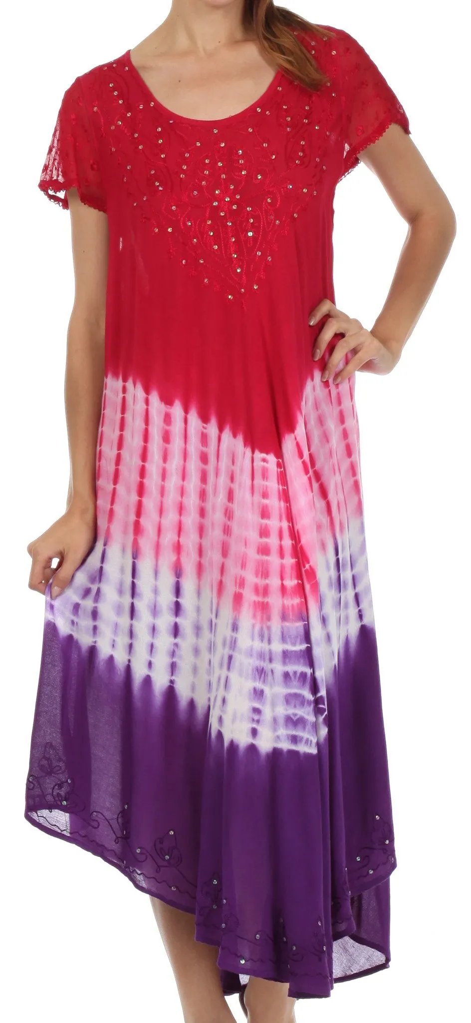 Sakkas Multi Color Tie Dye Cap Sleeve Caftan Dress / Cover Up