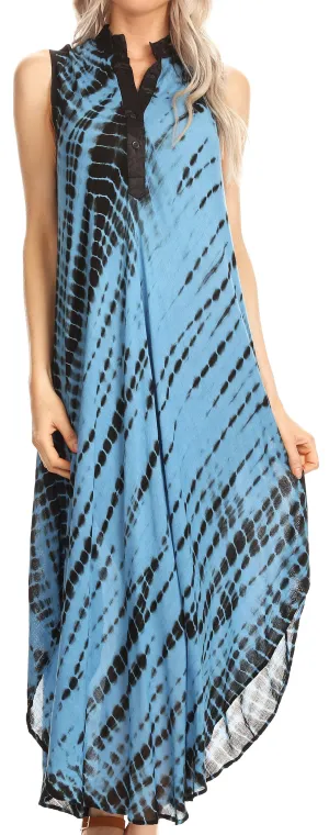 Sakkas Olivia Lightweight Sleeveless Tie Dye Dress with Mandarin Collar