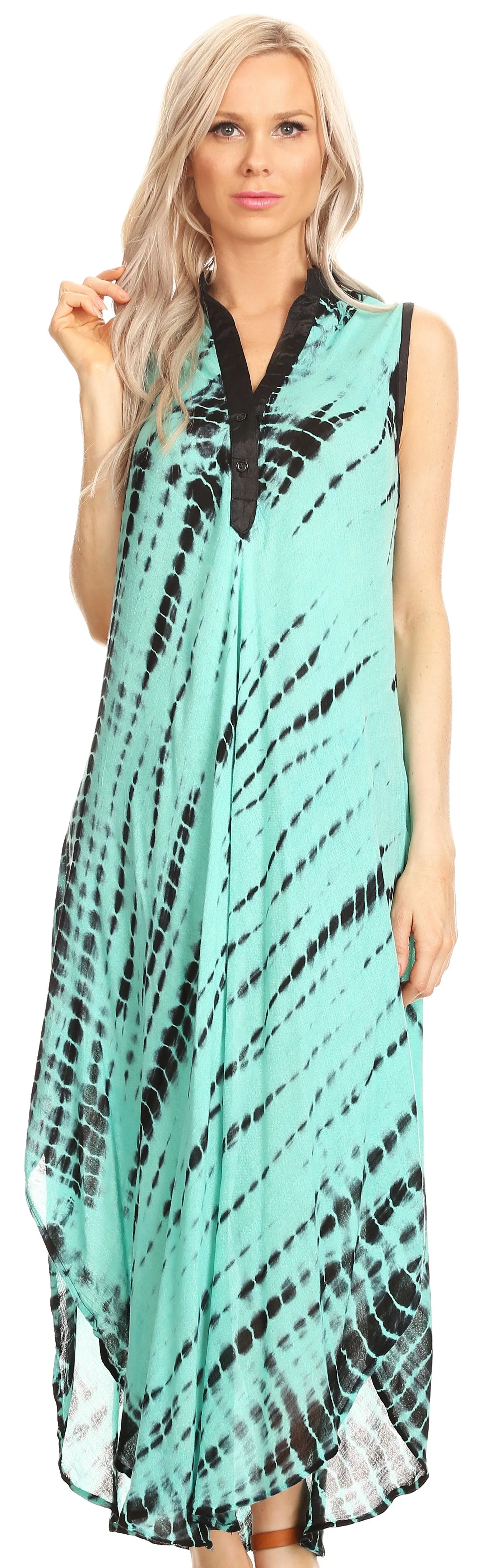 Sakkas Olivia Lightweight Sleeveless Tie Dye Dress with Mandarin Collar