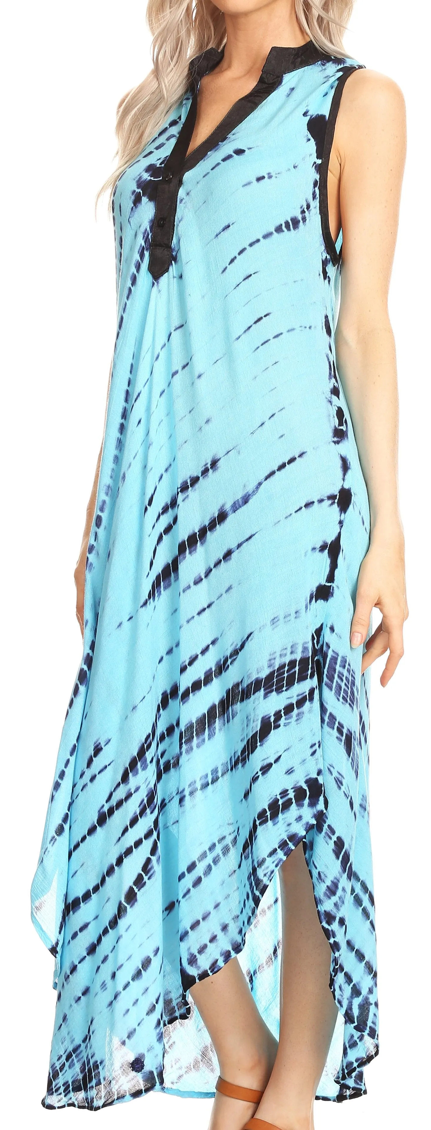 Sakkas Olivia Lightweight Sleeveless Tie Dye Dress with Mandarin Collar