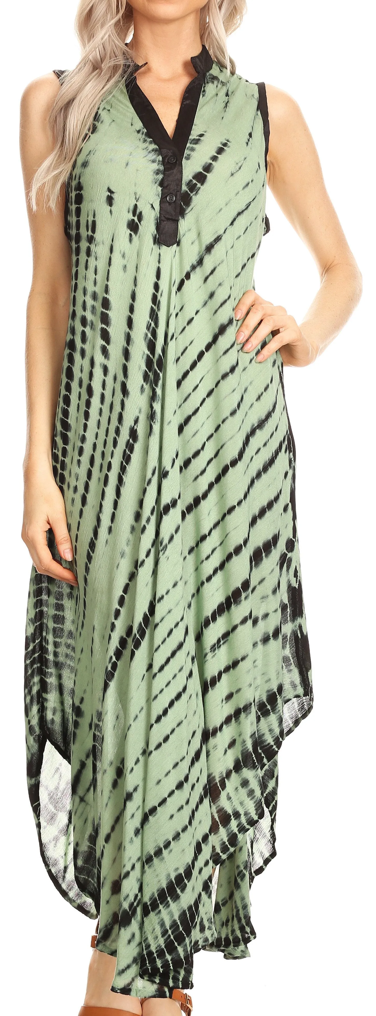 Sakkas Olivia Lightweight Sleeveless Tie Dye Dress with Mandarin Collar