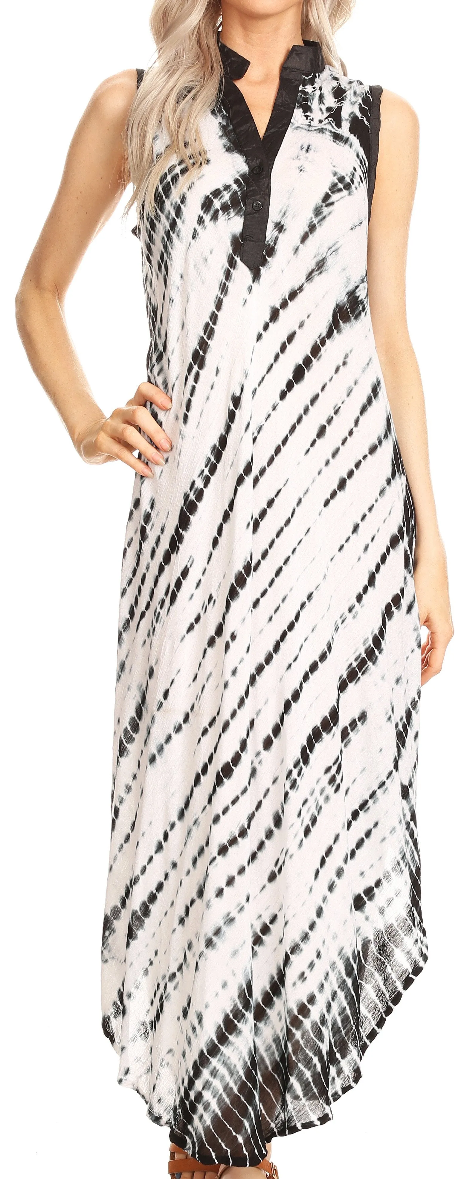 Sakkas Olivia Lightweight Sleeveless Tie Dye Dress with Mandarin Collar