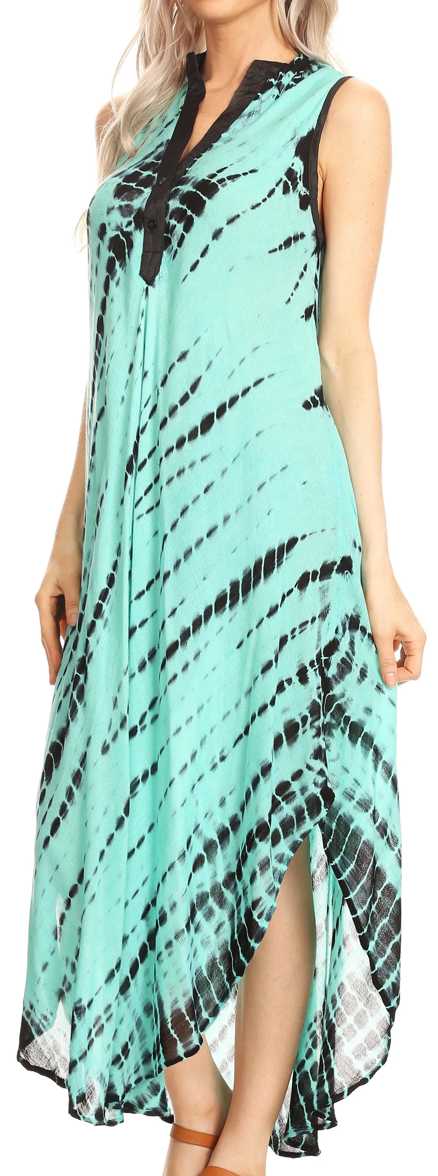 Sakkas Olivia Lightweight Sleeveless Tie Dye Dress with Mandarin Collar