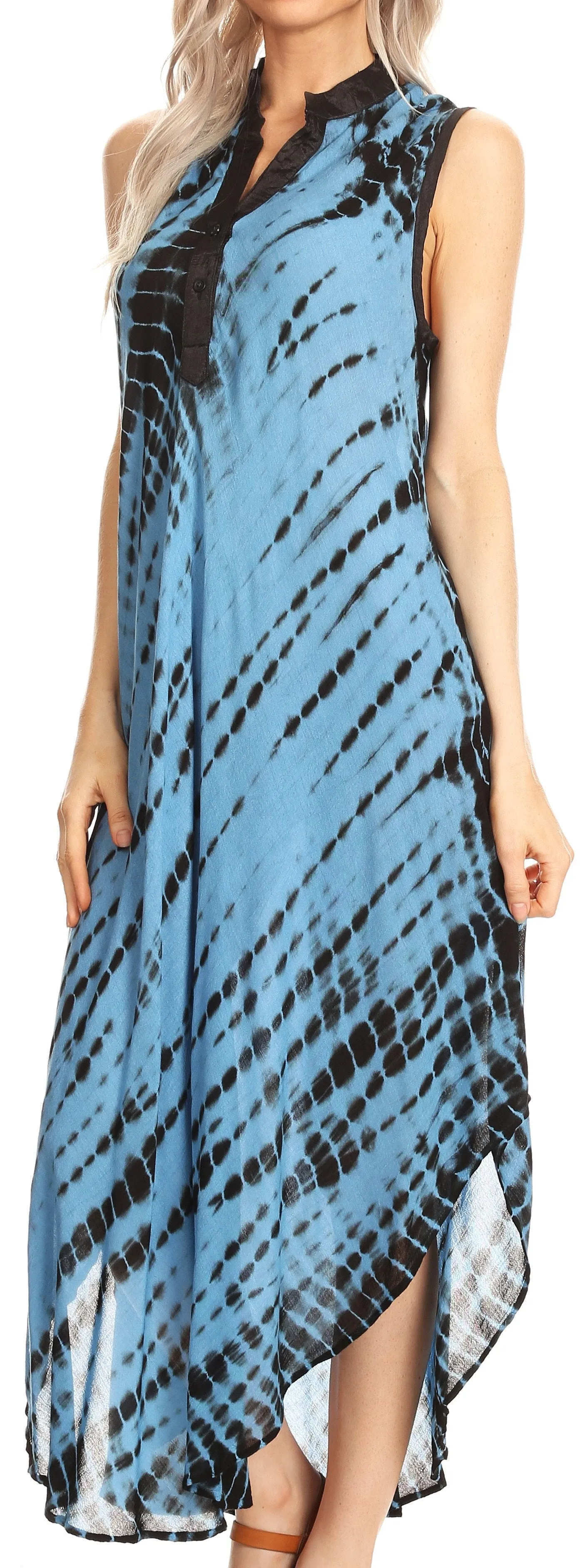 Sakkas Olivia Lightweight Sleeveless Tie Dye Dress with Mandarin Collar