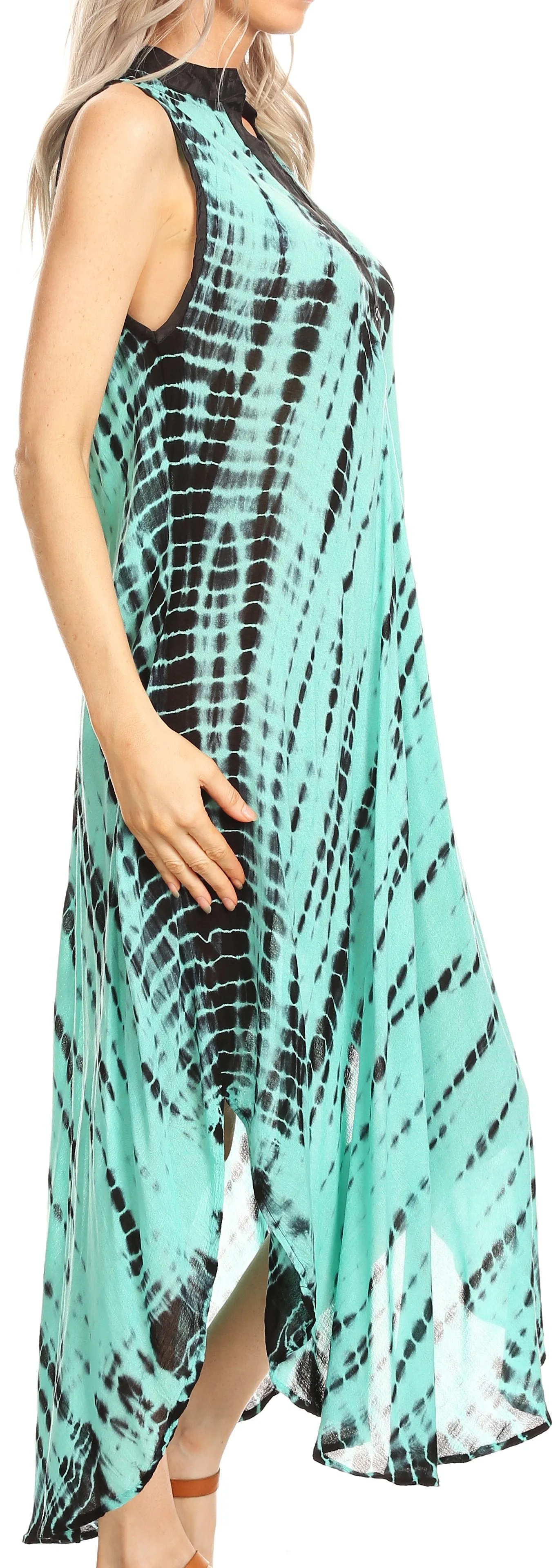 Sakkas Olivia Lightweight Sleeveless Tie Dye Dress with Mandarin Collar