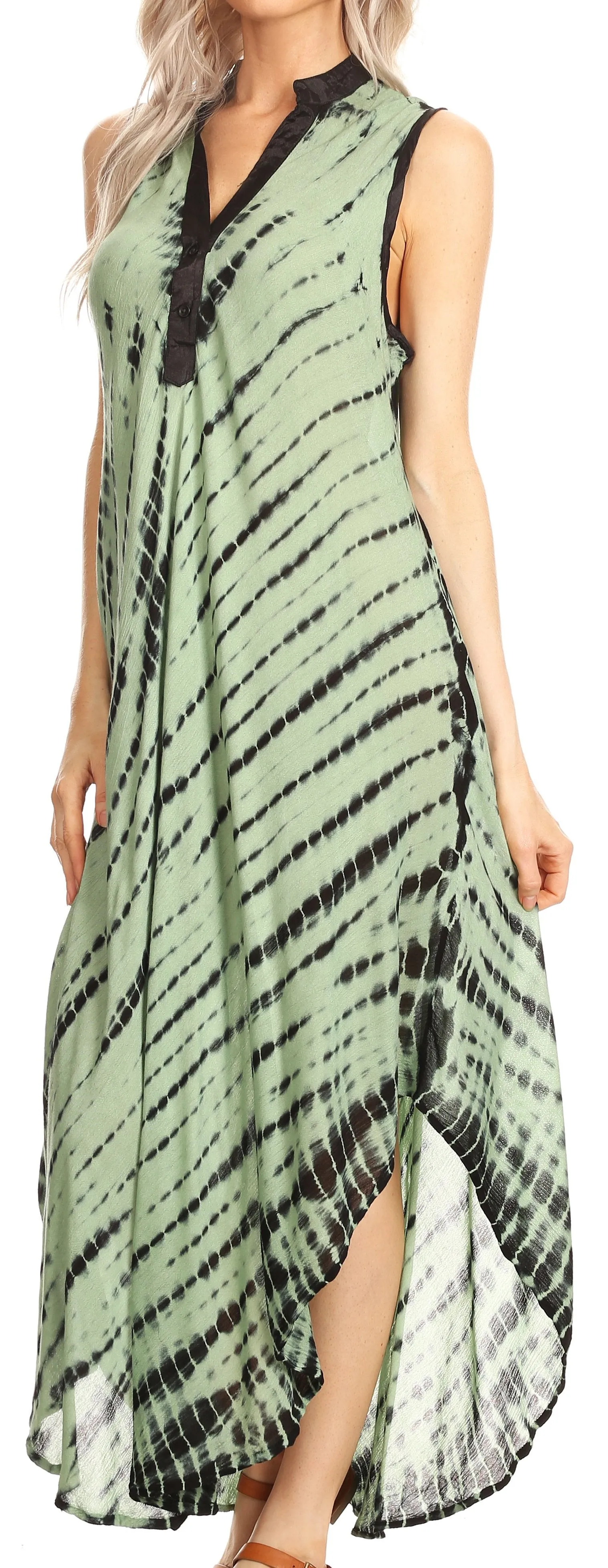 Sakkas Olivia Lightweight Sleeveless Tie Dye Dress with Mandarin Collar