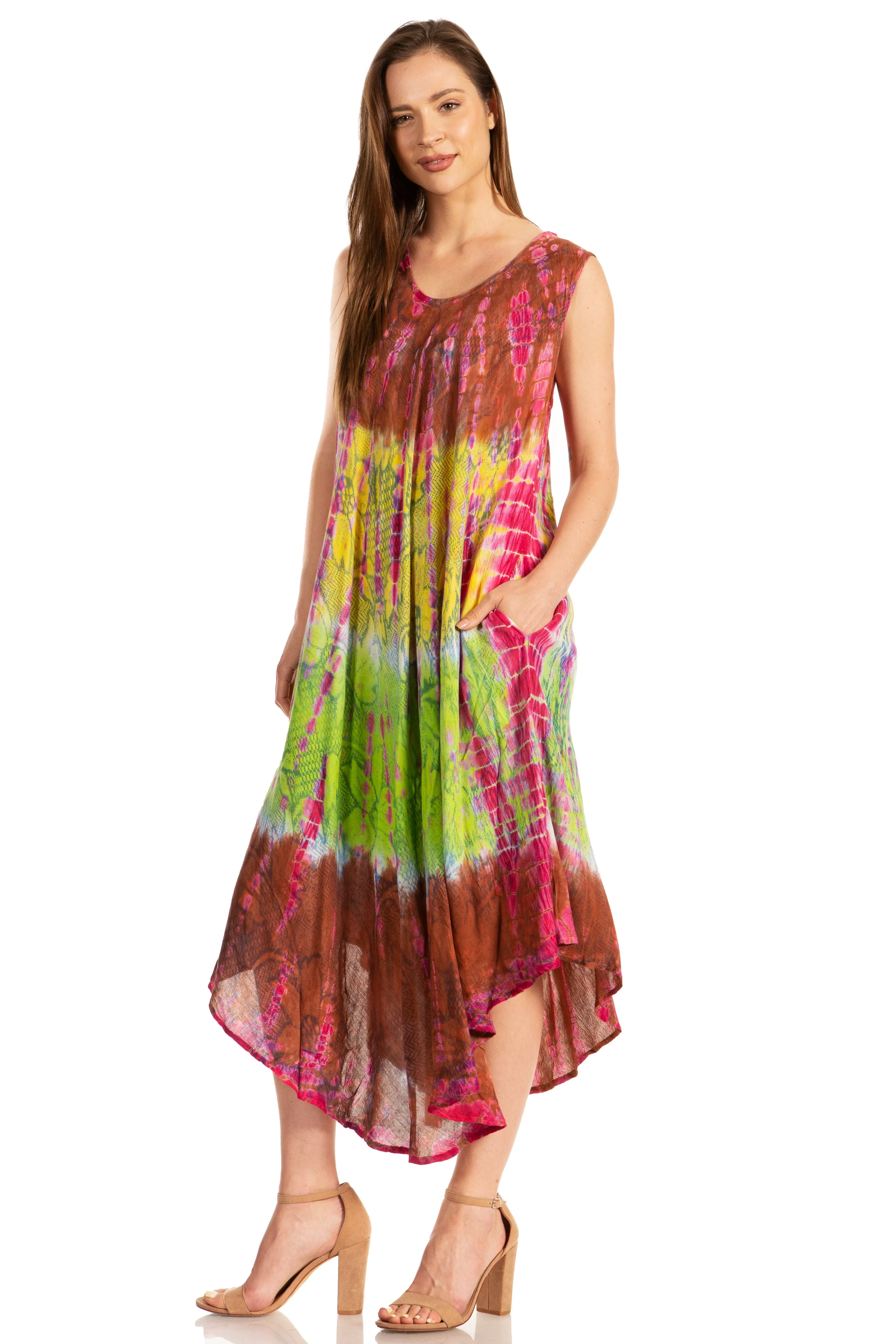 Sakkas Ombre Floral Tie Dye Tank Sheath Caftan Rayon Dress