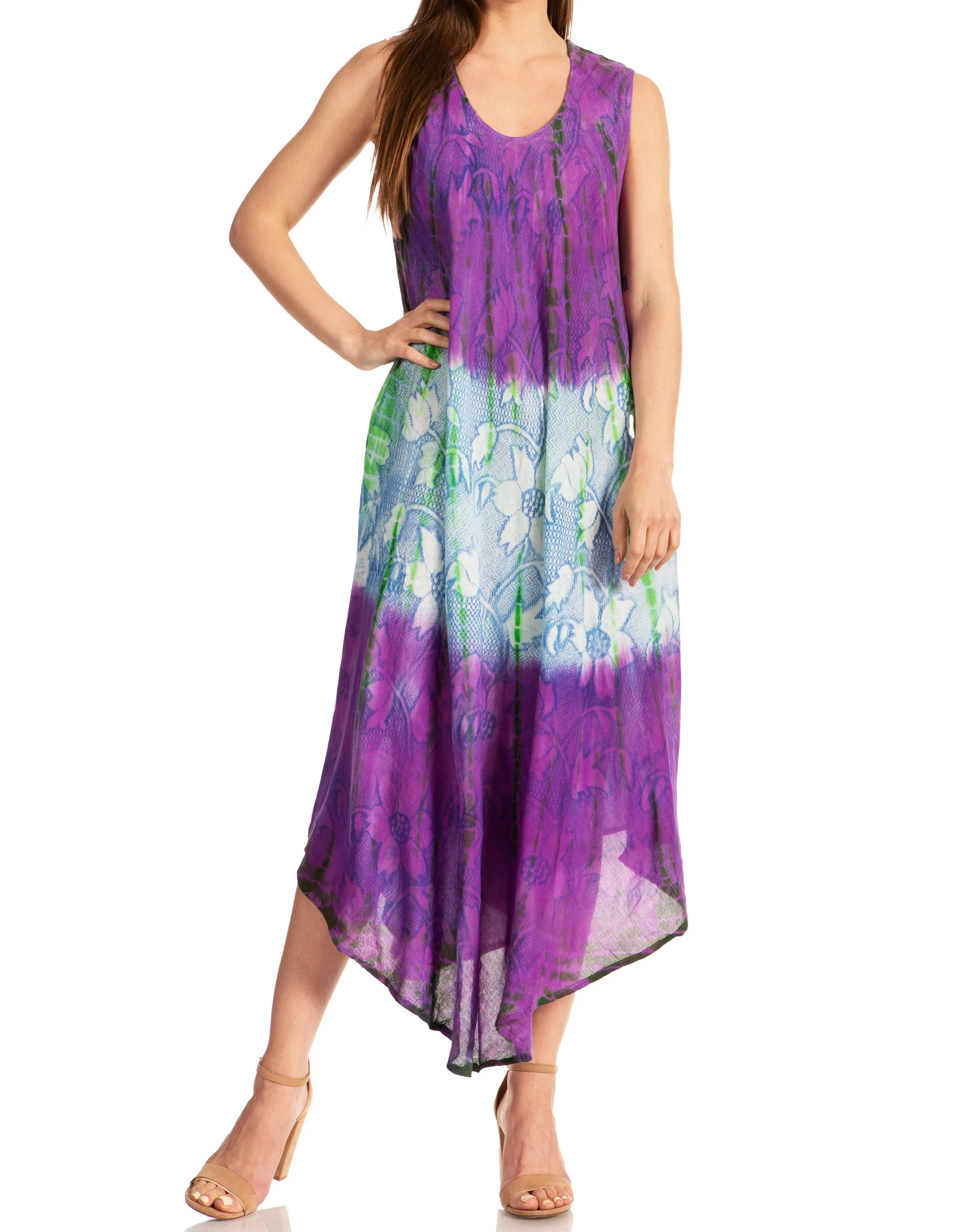 Sakkas Ombre Floral Tie Dye Tank Sheath Caftan Rayon Dress