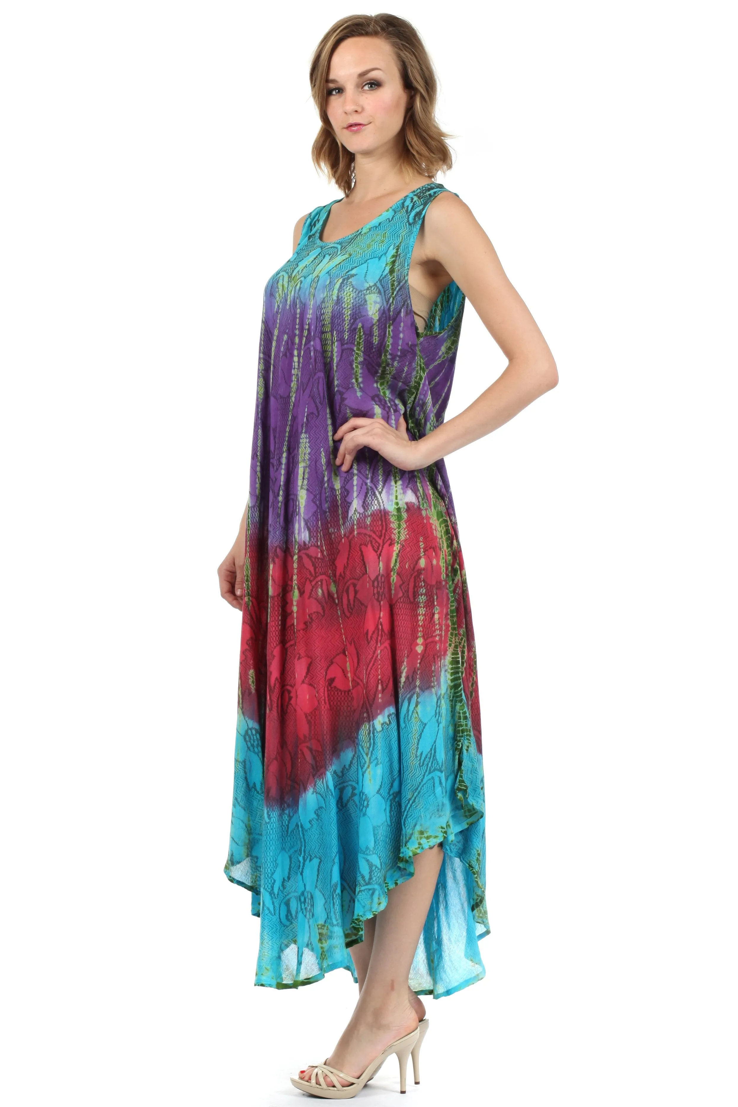 Sakkas Ombre Floral Tie Dye Tank Sheath Caftan Rayon Dress