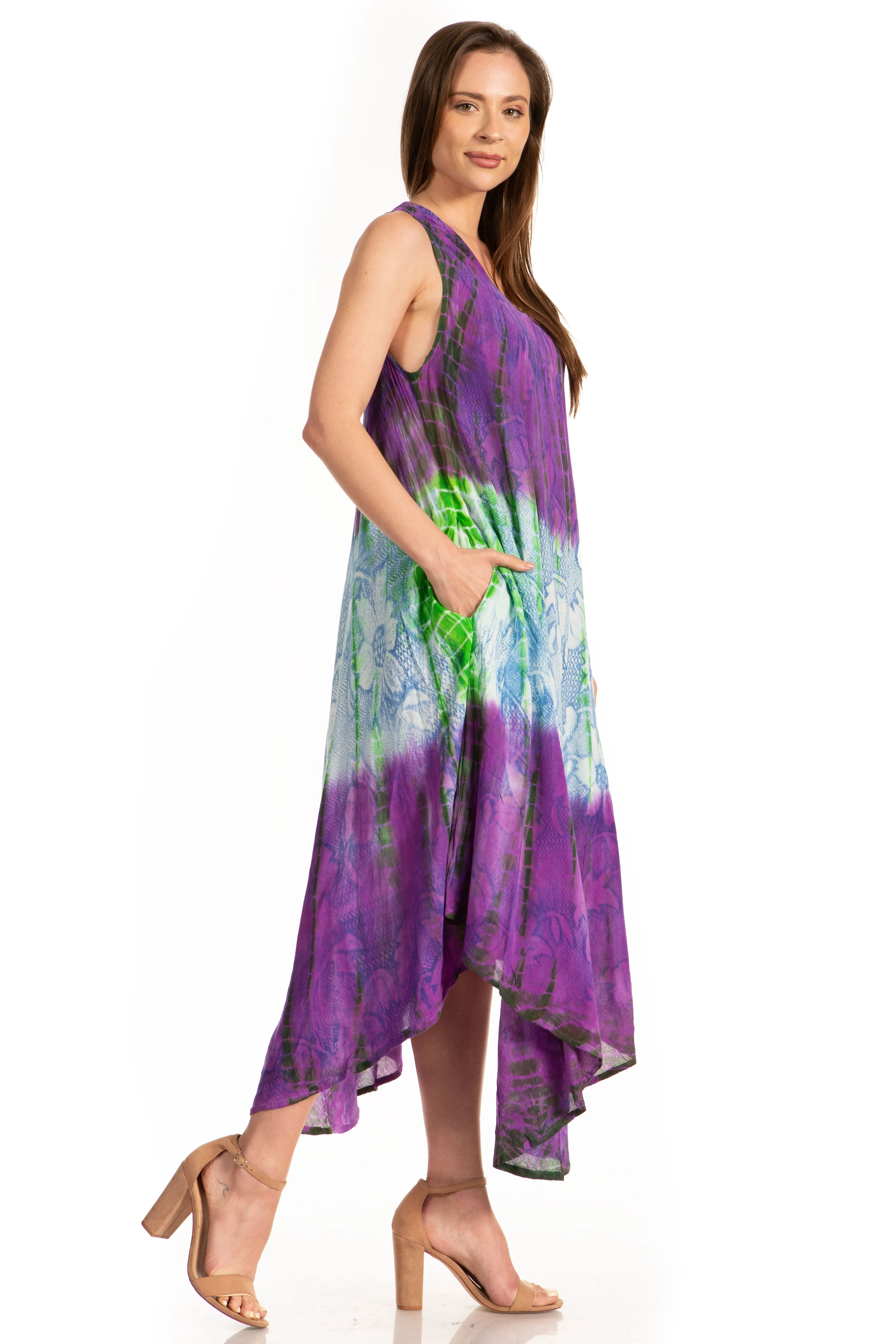 Sakkas Ombre Floral Tie Dye Tank Sheath Caftan Rayon Dress