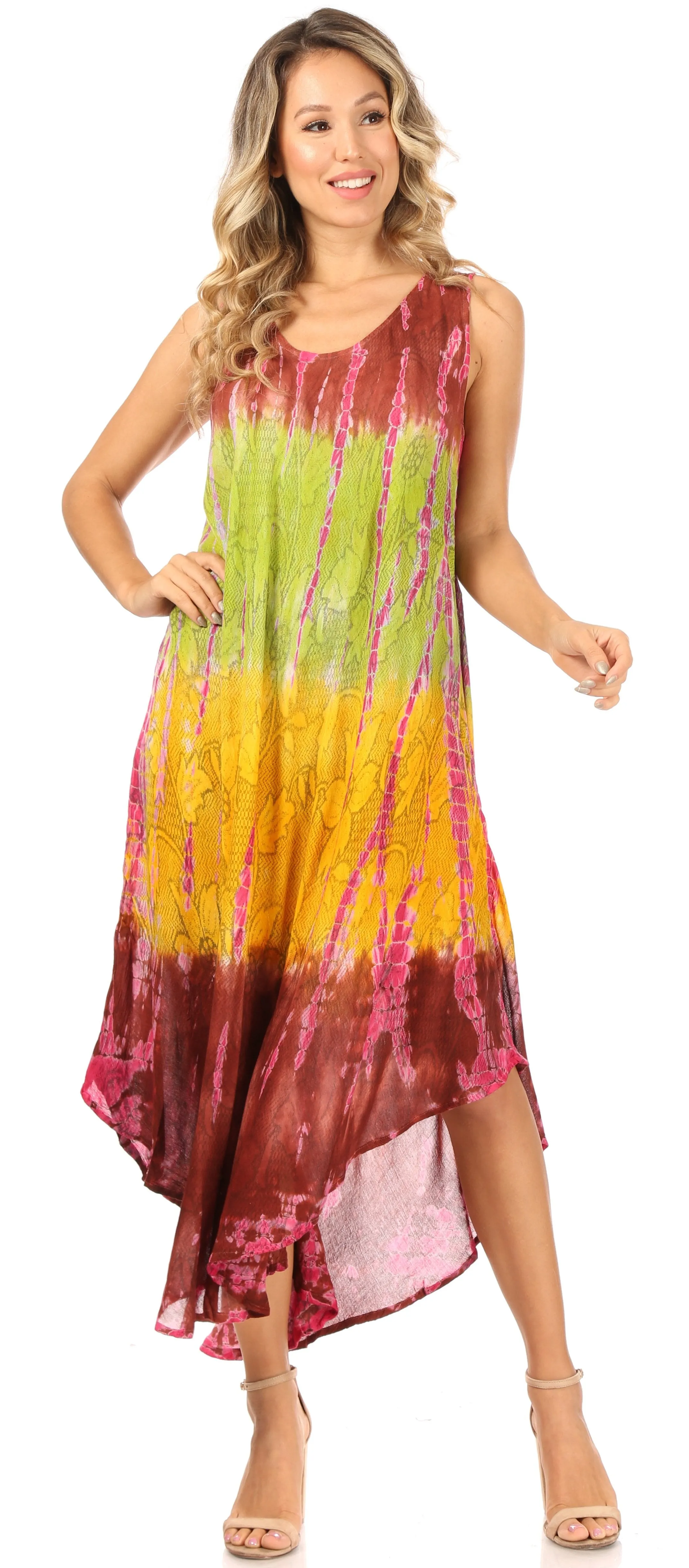 Sakkas Ombre Floral Tie Dye Tank Sheath Caftan Rayon Dress