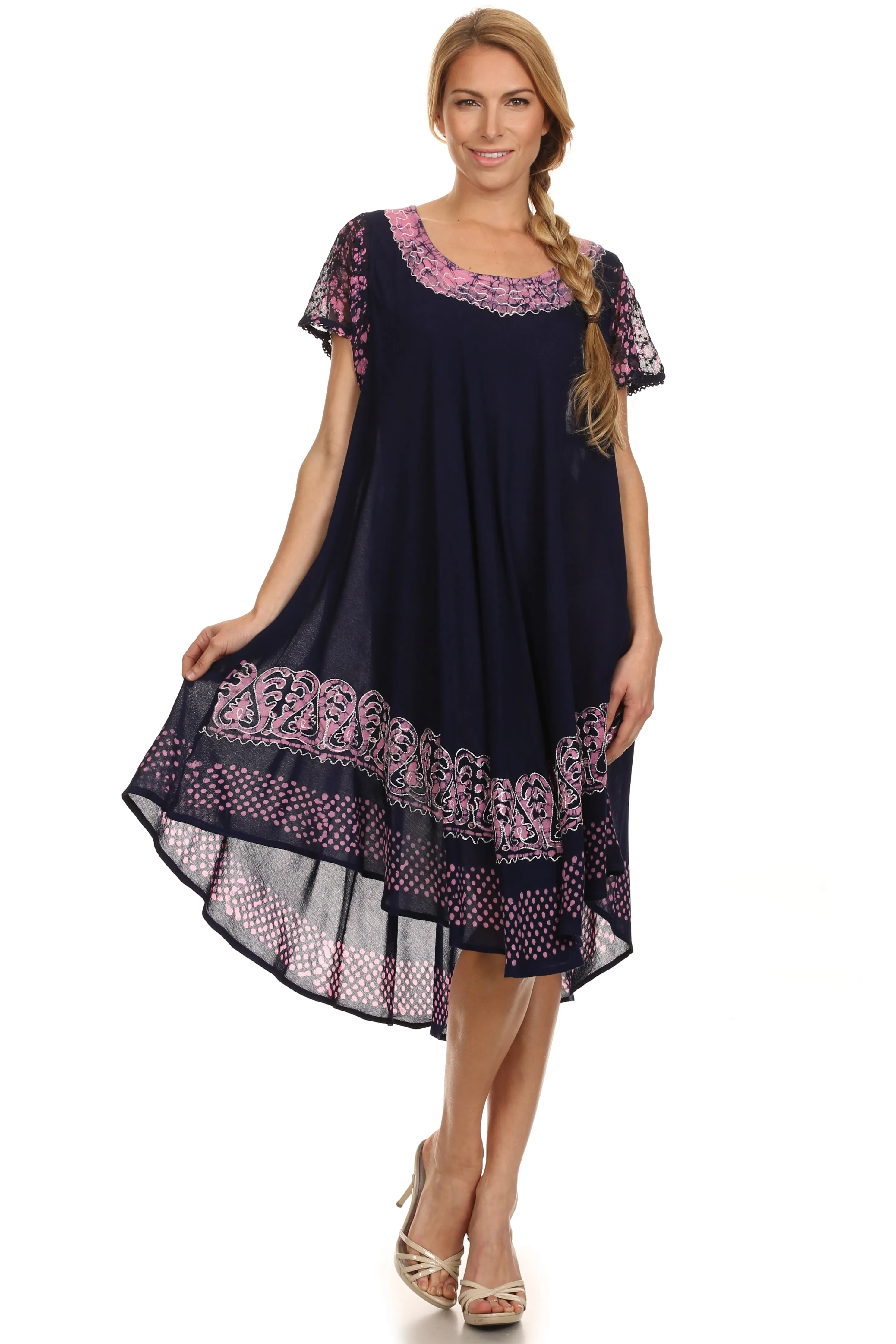 Sakkas Tahlia Batik Sheer Cap Sleeve mid-length Caftan Dress/Cover Up