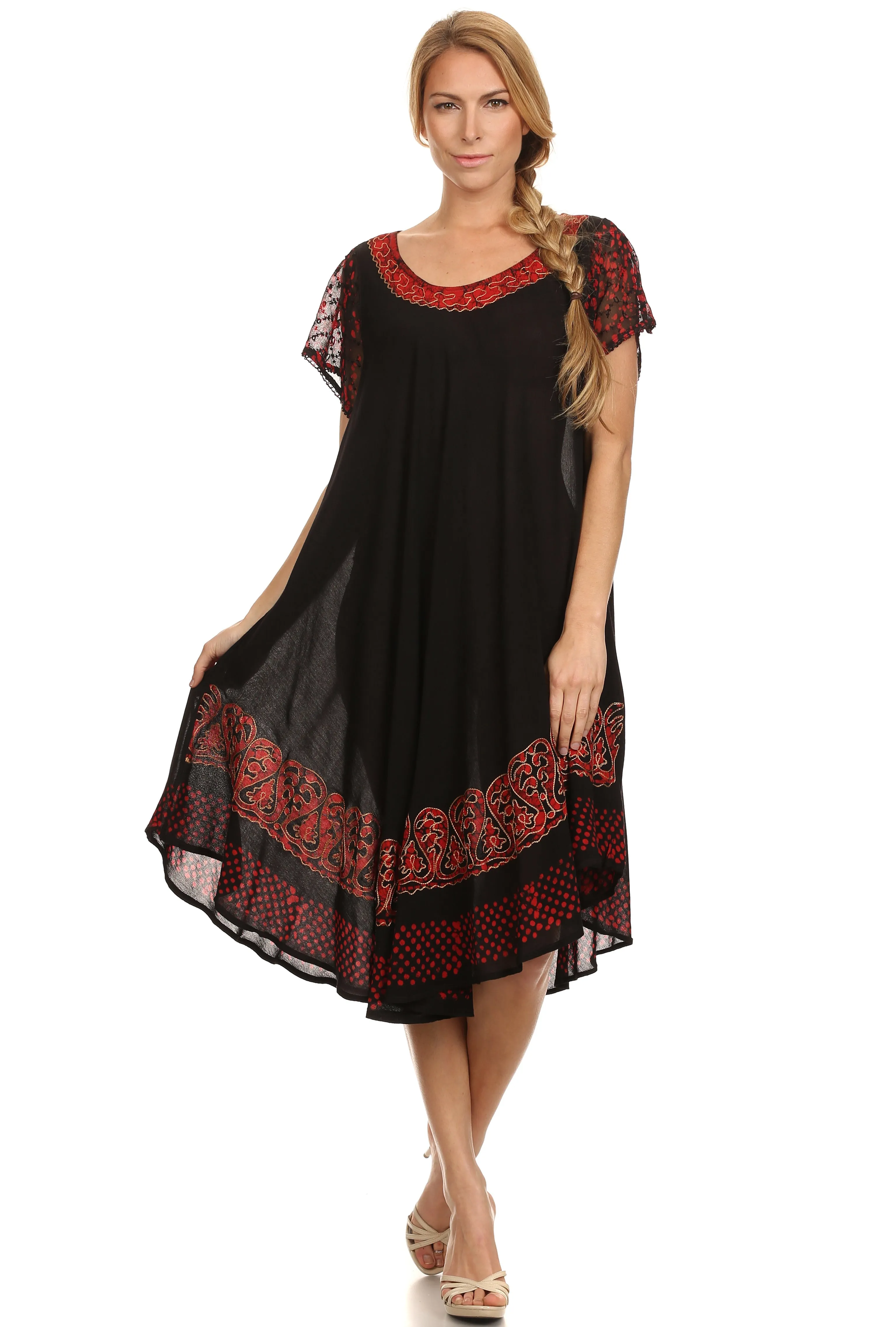 Sakkas Tahlia Batik Sheer Cap Sleeve mid-length Caftan Dress/Cover Up