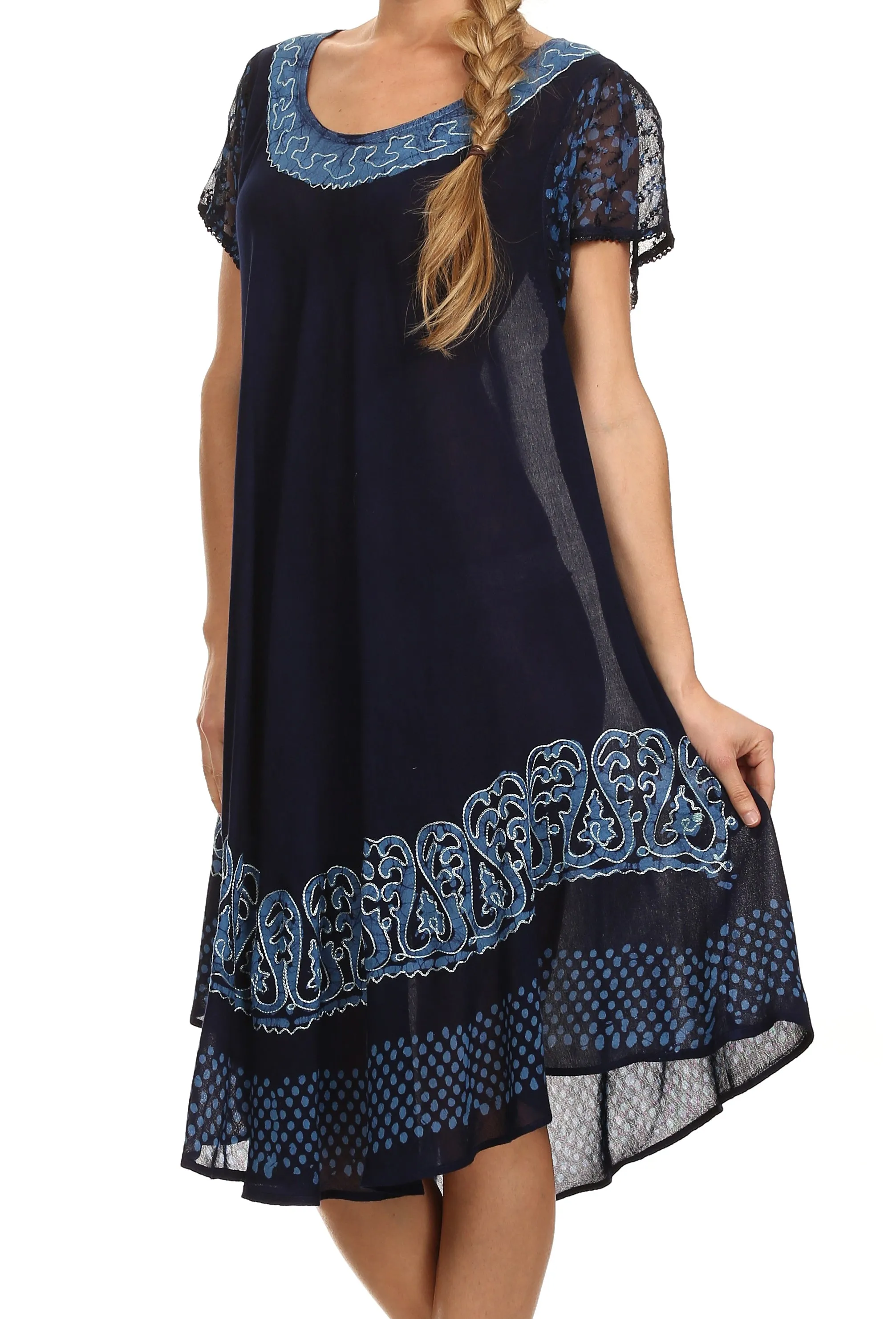 Sakkas Tahlia Batik Sheer Cap Sleeve mid-length Caftan Dress/Cover Up