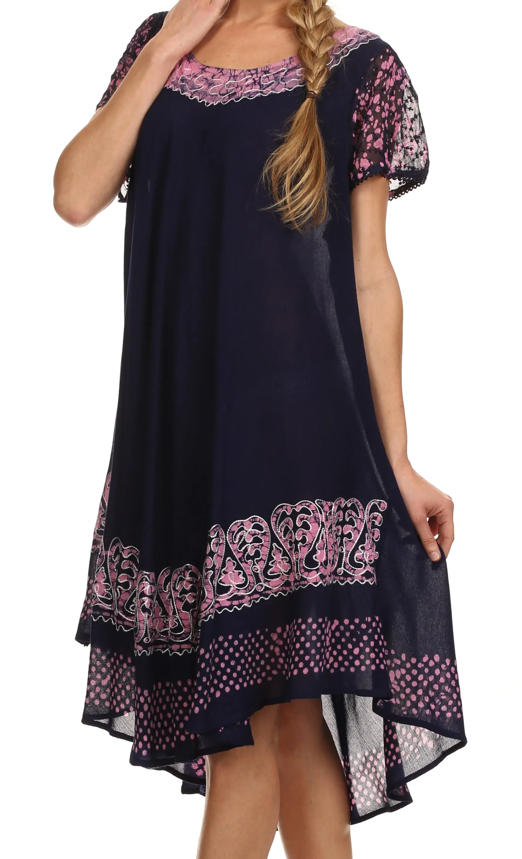 Sakkas Tahlia Batik Sheer Cap Sleeve mid-length Caftan Dress/Cover Up