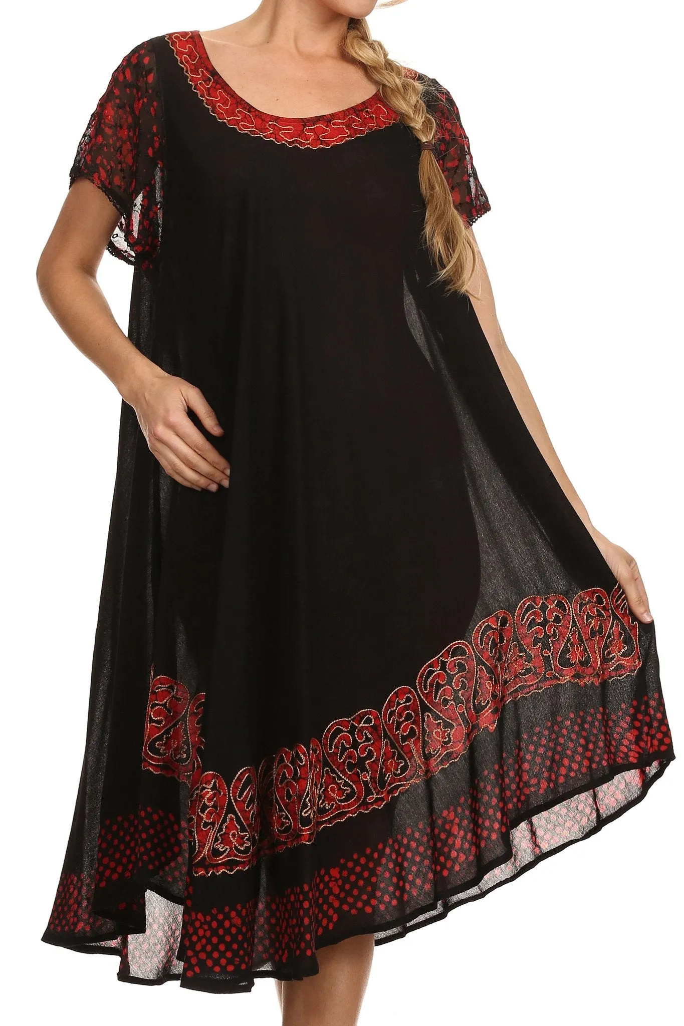 Sakkas Tahlia Batik Sheer Cap Sleeve mid-length Caftan Dress/Cover Up