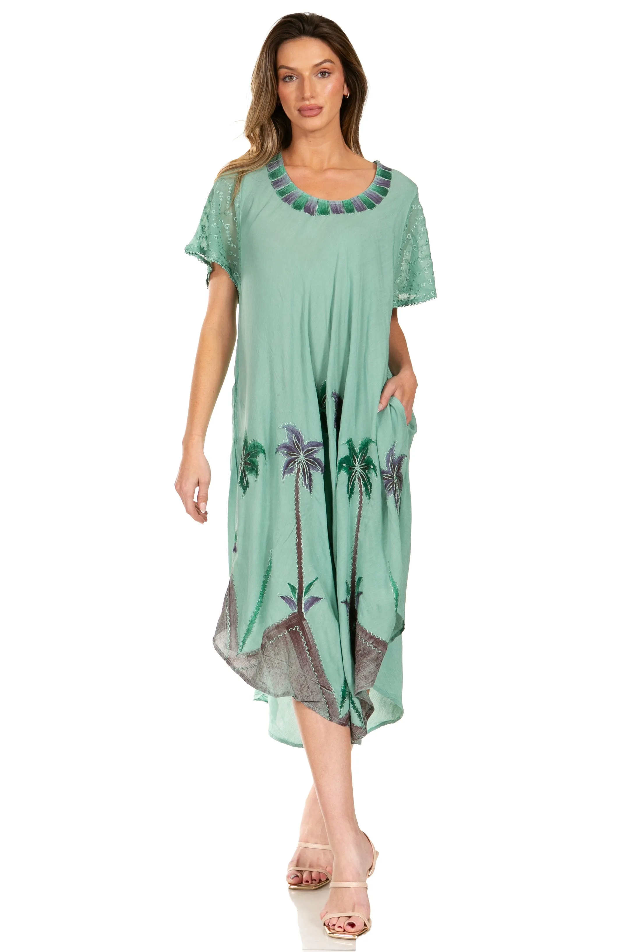 Sakkas Watercolor Palm Tree Tank Caftan Dress