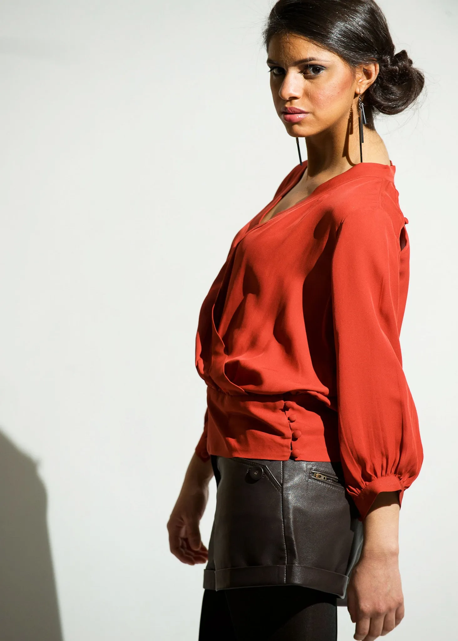 Silk wrap front top with side buttons