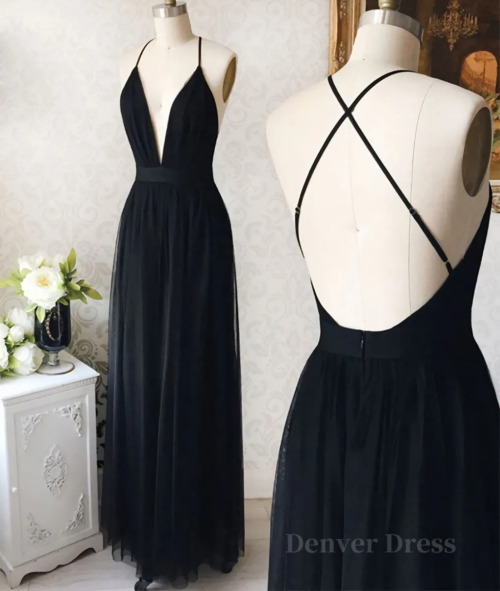 Simple v neck black tulle long prom dress black evening dress