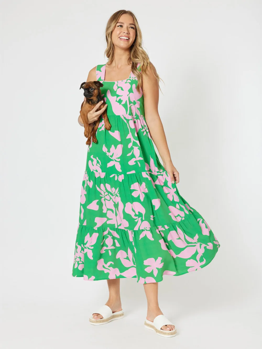 Spring Floral Sleeveless Sun Dress - Emerald