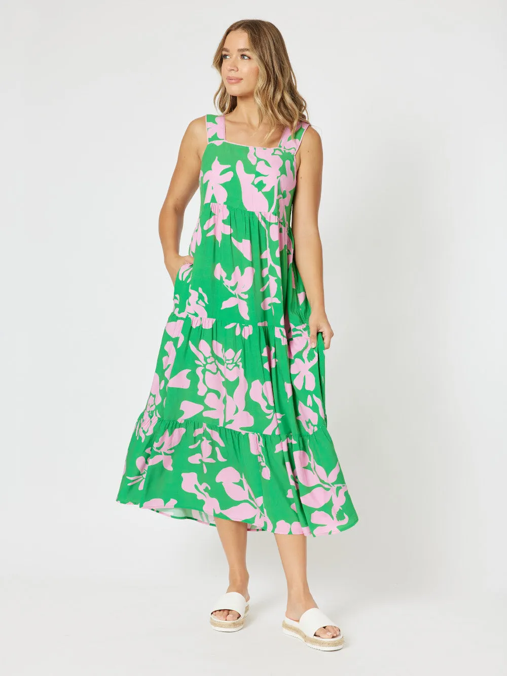 Spring Floral Sleeveless Sun Dress - Emerald