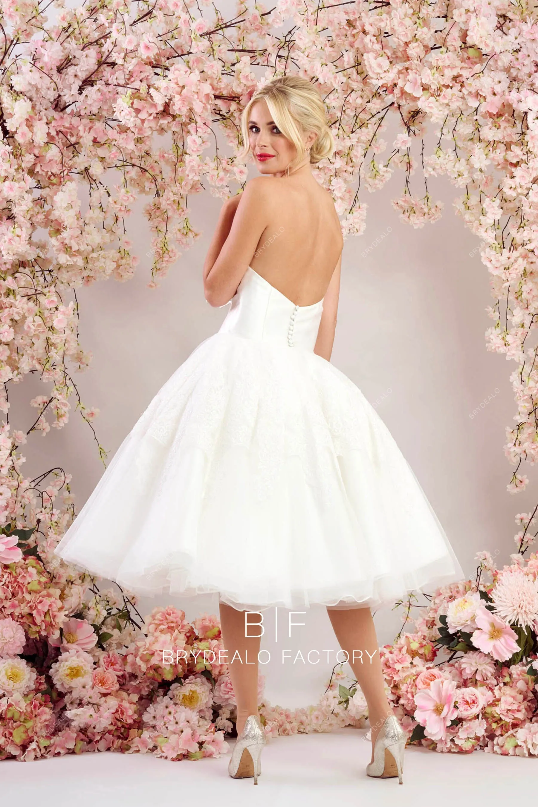 Strapless Scoop Neck Satin Organza Tea Length Bridal Dress with Wrap