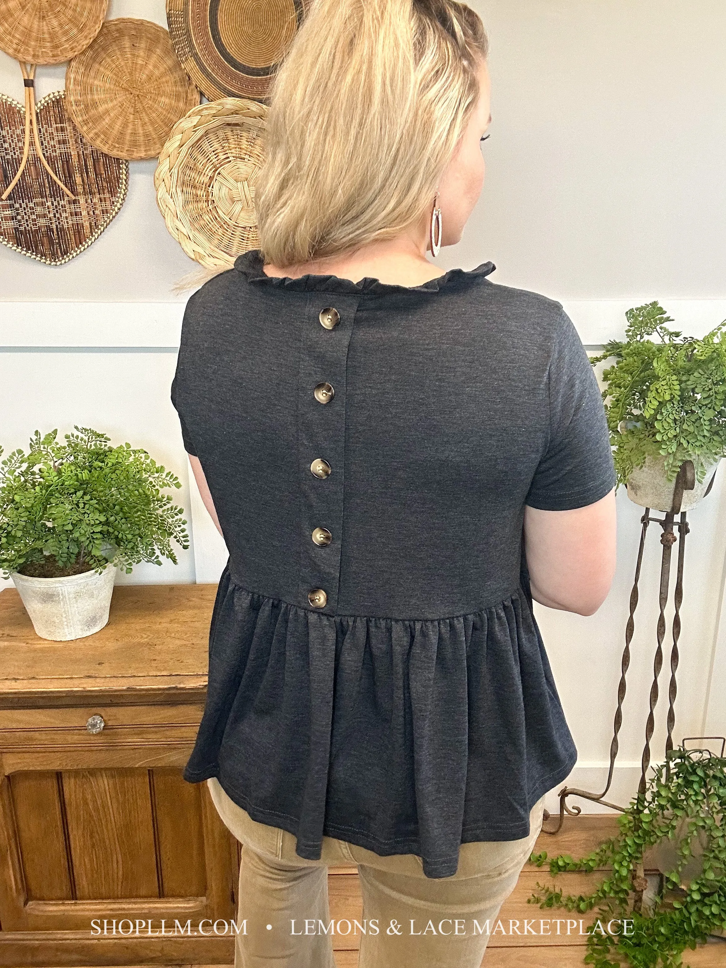 Summer Frills Button Back Black Top