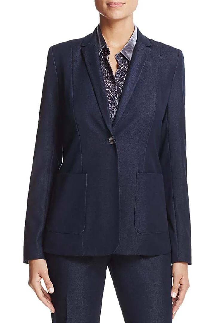 T Tahari Notched Collar One Button Long Sleeve Denim Blazer